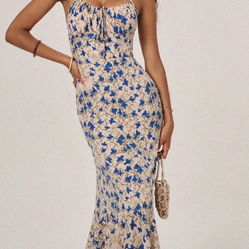 Commense Floral Maxi Dress in Blue and Cream